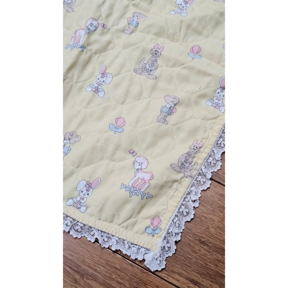 Vintage Precious Moments Quilted Baby Blanket Yellow Angel Lace‎ Trim 90s